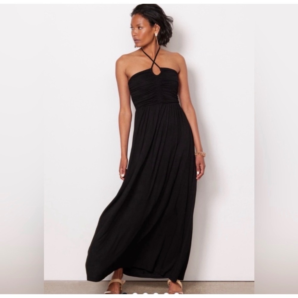 Evereve Tarah Crossfront Tie Maxi Dress Black Ruched Halter Knit Size L